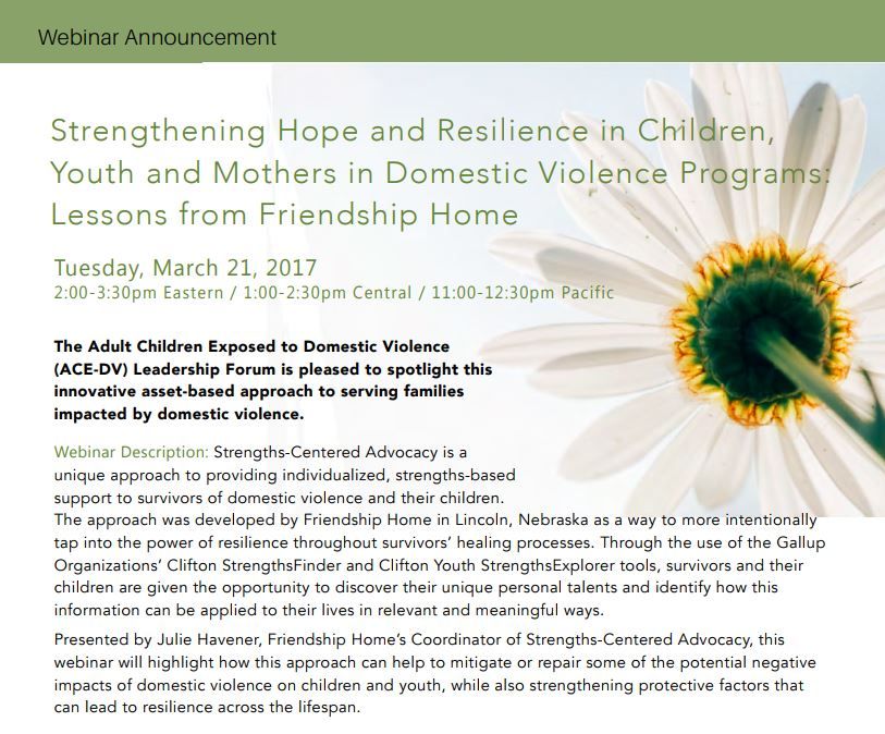 Strengthening Hope and Resilience in Children, Youth, and Mothers in Domestic Violence Programs: Lessons from Friendship Home webinar
