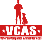 VCAS logo featuring a red silhouette of a person standing with a dog above bold white ‘VCAS’ lettering and stars on a black background.