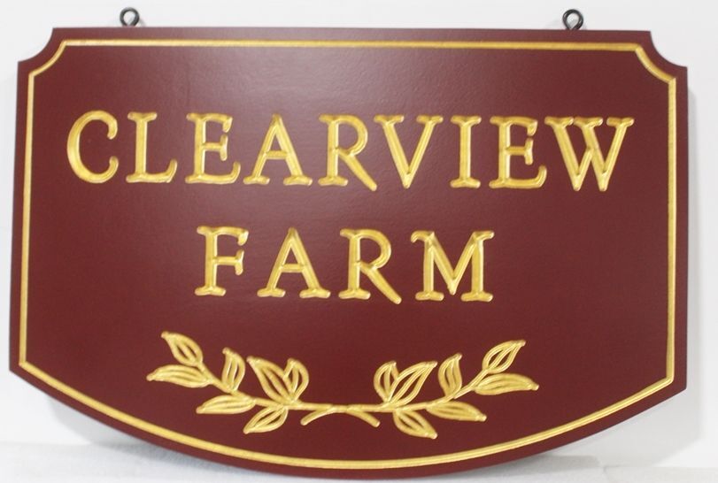 O24014A- Engraved V-Carved Hanging  Entrance Sign for Clearview Farm, with 24K Gold Leaf Gilded Text, Border and Artwork