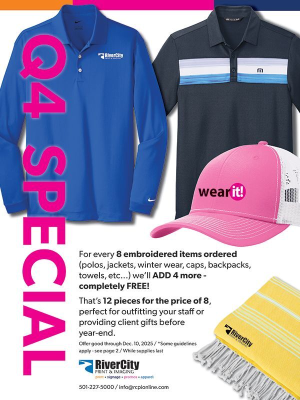 Flyer for buy 8, get 4 free on embroidered apparel special until December 10th, 2025.