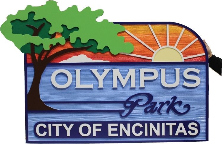 GA16429 - Carved 2.5-D and Sandblasted Western Red Cedar Wood  Sign for the City of Encinitas with a Tree, the Pacific Ocean and  Sunset as Artwork 