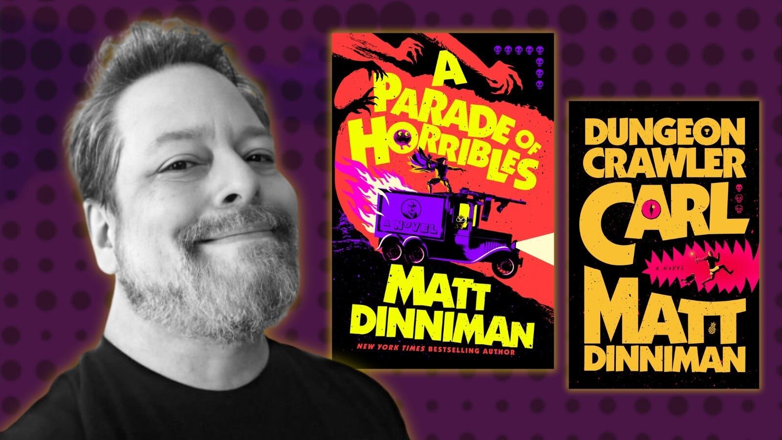 Photo of author Matt Dinniman next to his books "A Parade of Horribles" and "Dungeon Crawler Carl"
