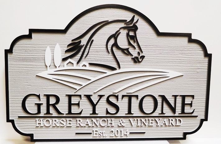 P25059- Carved HDU Sign for "Greystone Horse Ranch and Vineyard" with outline of Stylized Horse and Vineyard