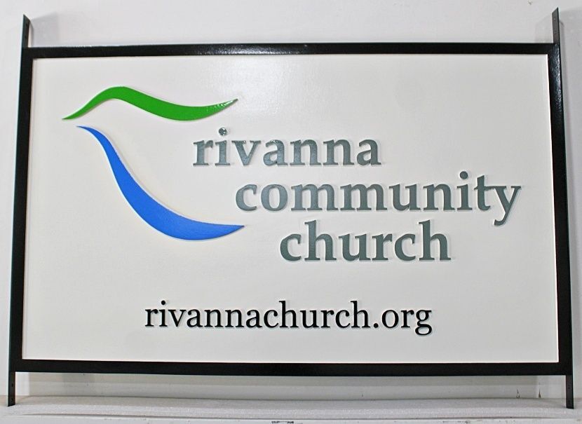 D13039 - Carved and Sandblasted HDU Sign for Rivanna Community Church with Artwork