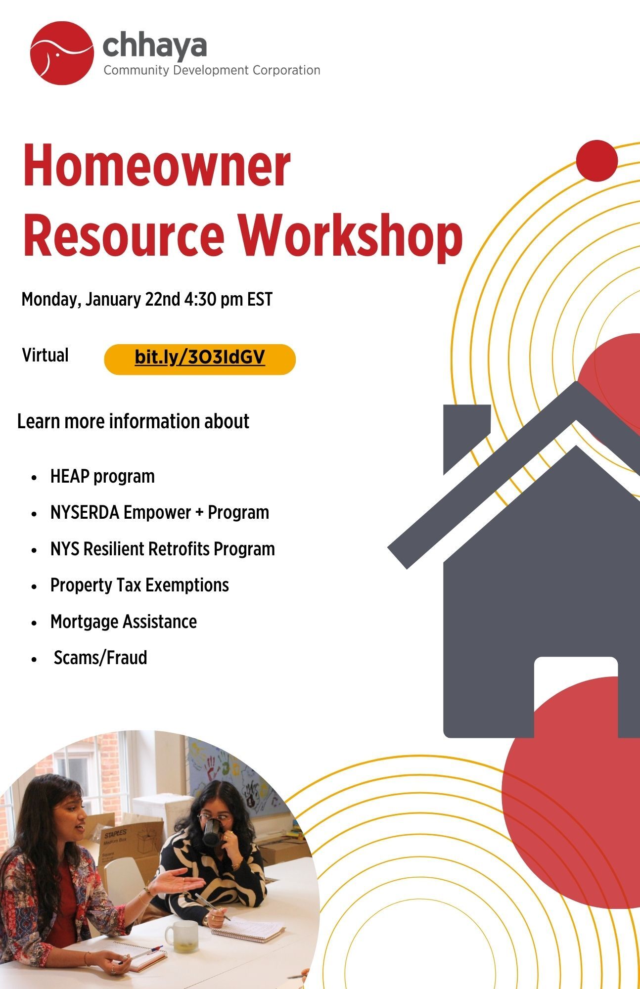 Flyer for Homeowner Resource Workshop at Chhaya