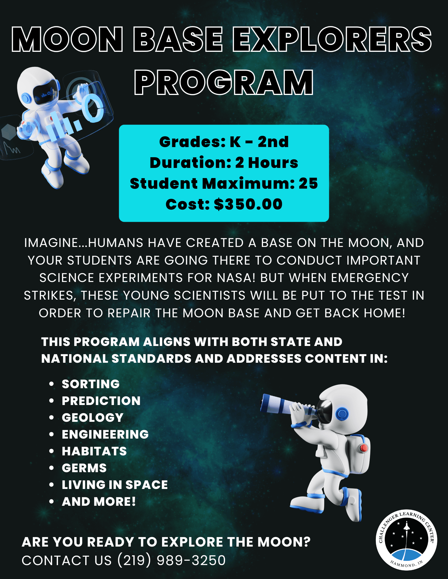 Moon Base Explorers flier detailing all that comes with an early learning program