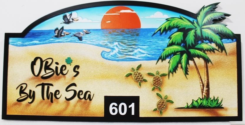 L21042A - Carved 2.5-D Multi-level Relief HDU  Beach House Address Sign "Obie's By the Sea" , with a Sunset and Baby Sea Turtles as Artwork