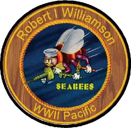 JP-2280 - Carved  Plaque of Seabees Logo, Personalized, R I Williamson, WW II,  Artist Painted on Cedar Wood