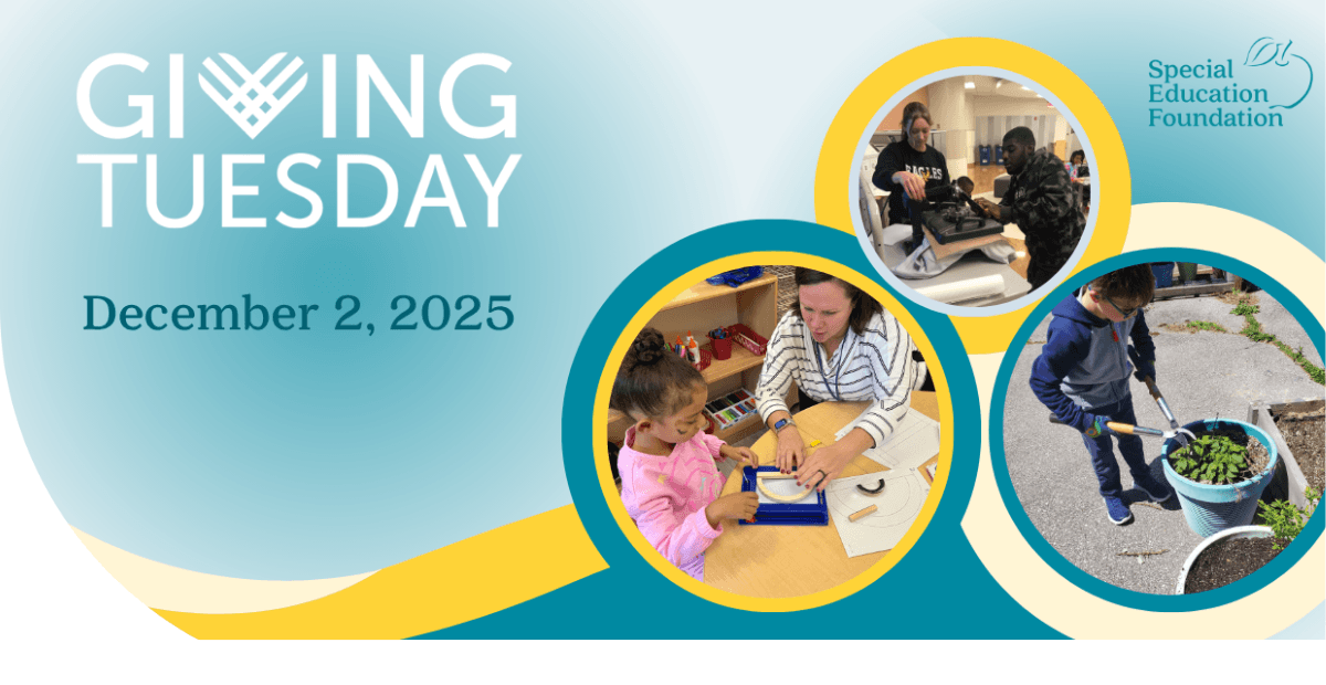 circles with kids and teachers in them on Giving Tuesday background