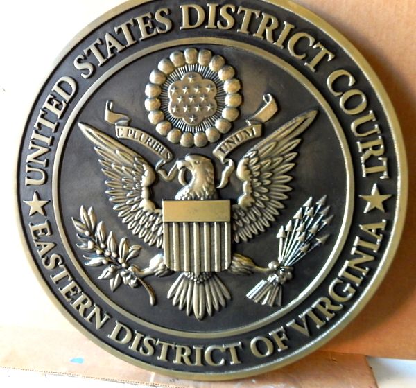 A10834 - Wall Plaque of Great Seal of US District Court (Eastern Virginia), Polished Brass with Dark Patina 