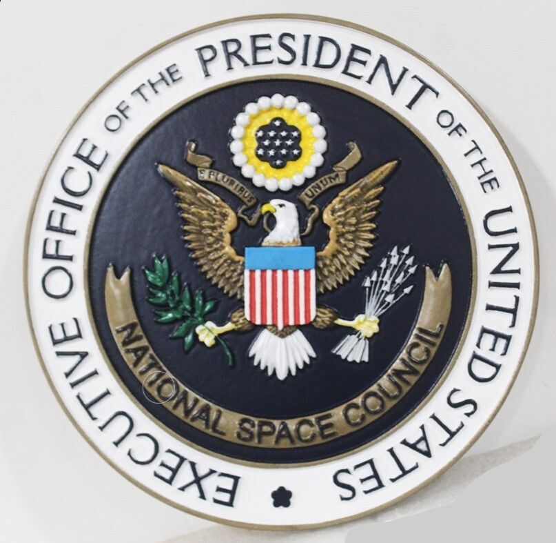 AP1191- Carved 3-D HDU Plaque of the Seal of the Executive Office of the President of the United States, National Space Council