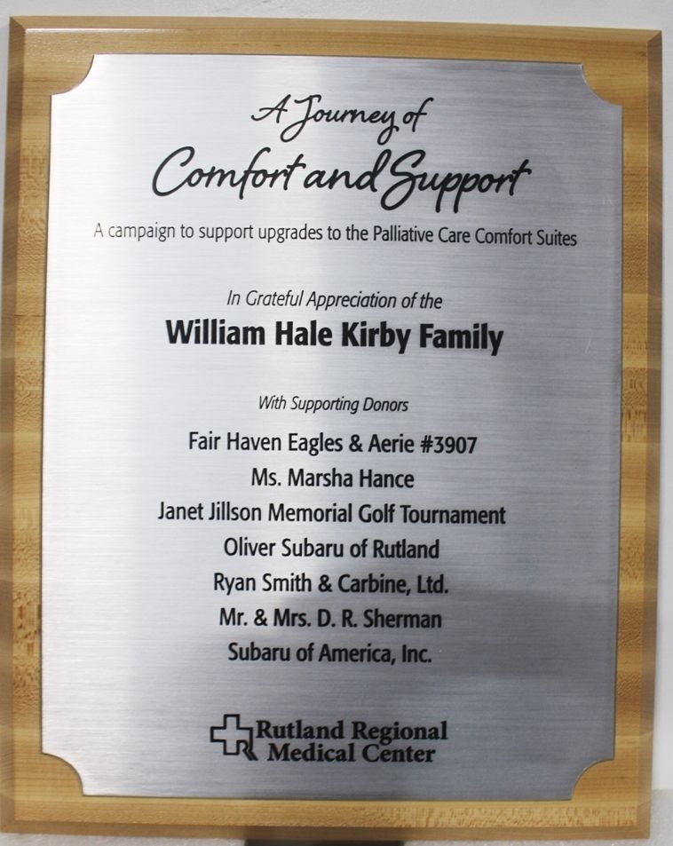 SB1398- Donor Plaque for Contributions to Palliative Care Comfort Suites, Rutland Regional Medical Center