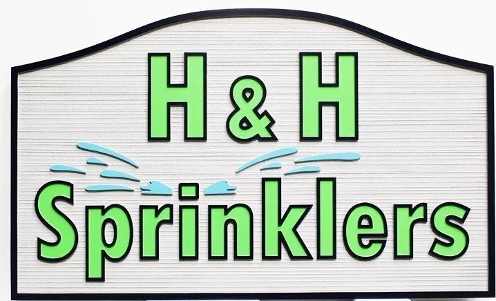  SC38422-  - Carved and Sandblasted Wood Grain Sign  for the "H&H Sprinklers" Company, with Sprinkler as Artwork 