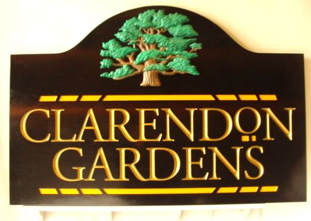 GA16447 - Private Gardens Entrance Sign, with Gold Leafed Text and 3-D Carved Oak Tree