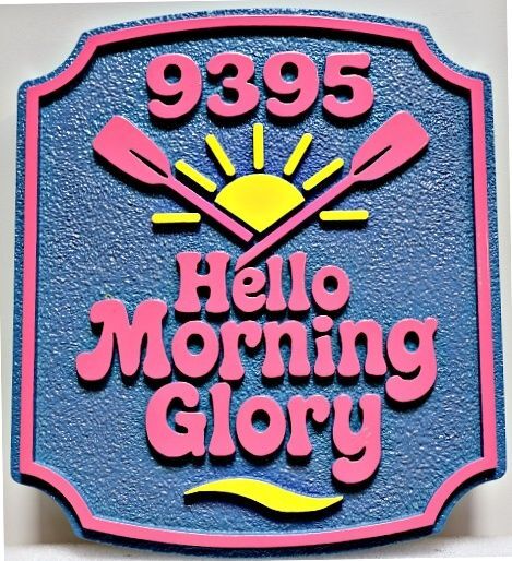  M22370A- Carved and Sandblasted HDU Property Name and Address Sign for "Hello Morning Glory" with Artwork