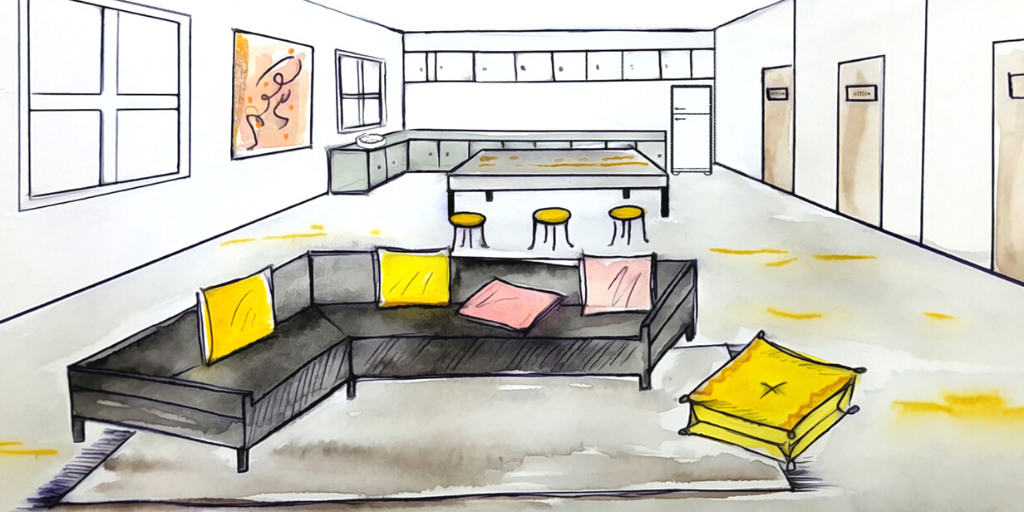 Hand-drawn image of the living space inside COMPASS Point Drop-In Center. There is a couch and rug in the foreground with a kitchen in the back. 