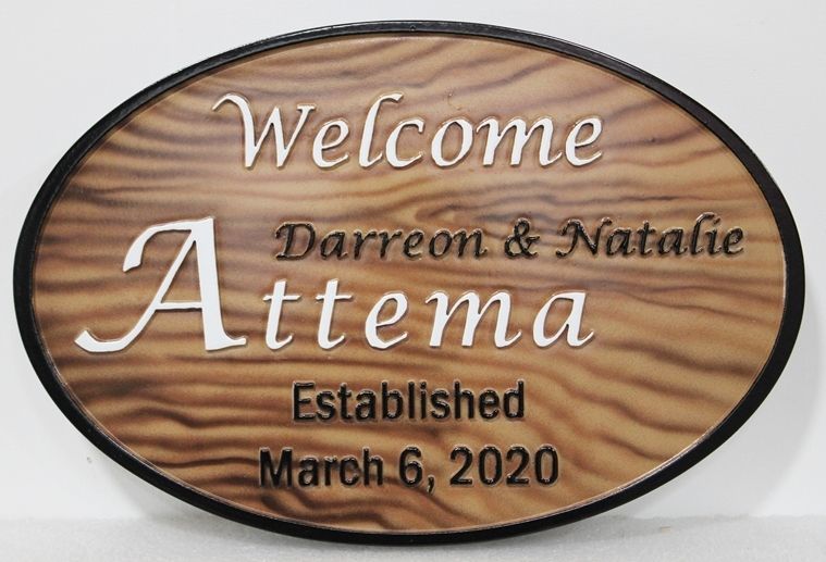 O18797A -  Carved 2.5-D Raised Relief HDU Property Name Sign, with Background Painted in a Faux Wood Grain Pattern