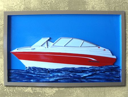 L21458-  Custom Carved 3-D Wood Wall Plaque of Powerboat, Framed