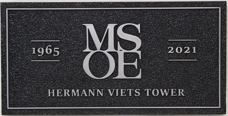 C12133 - "MSOE" Aluminum-Plated High-Density-Urethane (HDU) Sign,  Carved in 2.5-D Raised  Relief, with Background Sandblasted in a Sandstone Texture