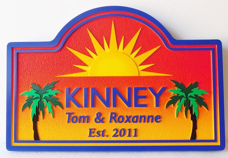 L21222 - Carved HDU Properrty Name Sign "Kinney",  with Palm Trees  and Sunset Scene 