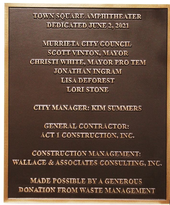 DP-1709 - Bronze=Plated Dedication Plaque for a Town Square Amphitheater in the City of Murrieta, California