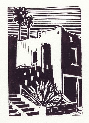 Near the Vista,, block print with water-based printing ink, 4" x 6"