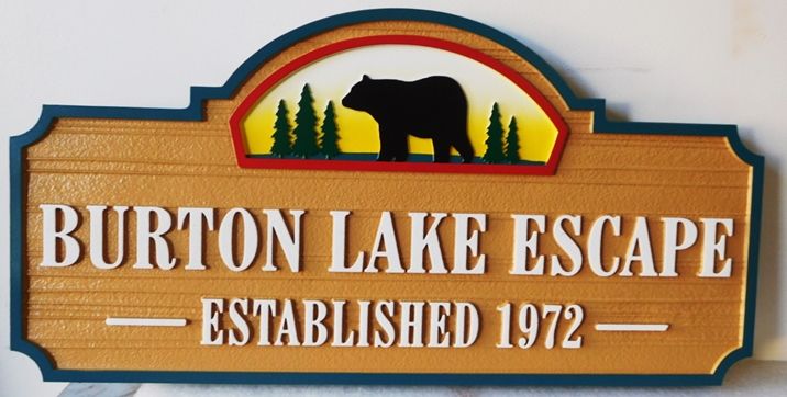 M22865 - Carved and Sandblasted Cabin Name "Burton Lake Escape", with a Bear and Trees as Artwork