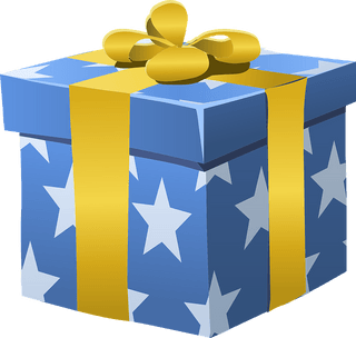 Blue gift box decorated with white stars, wrapped with a bright yellow ribbon and topped with a matching yellow bow.