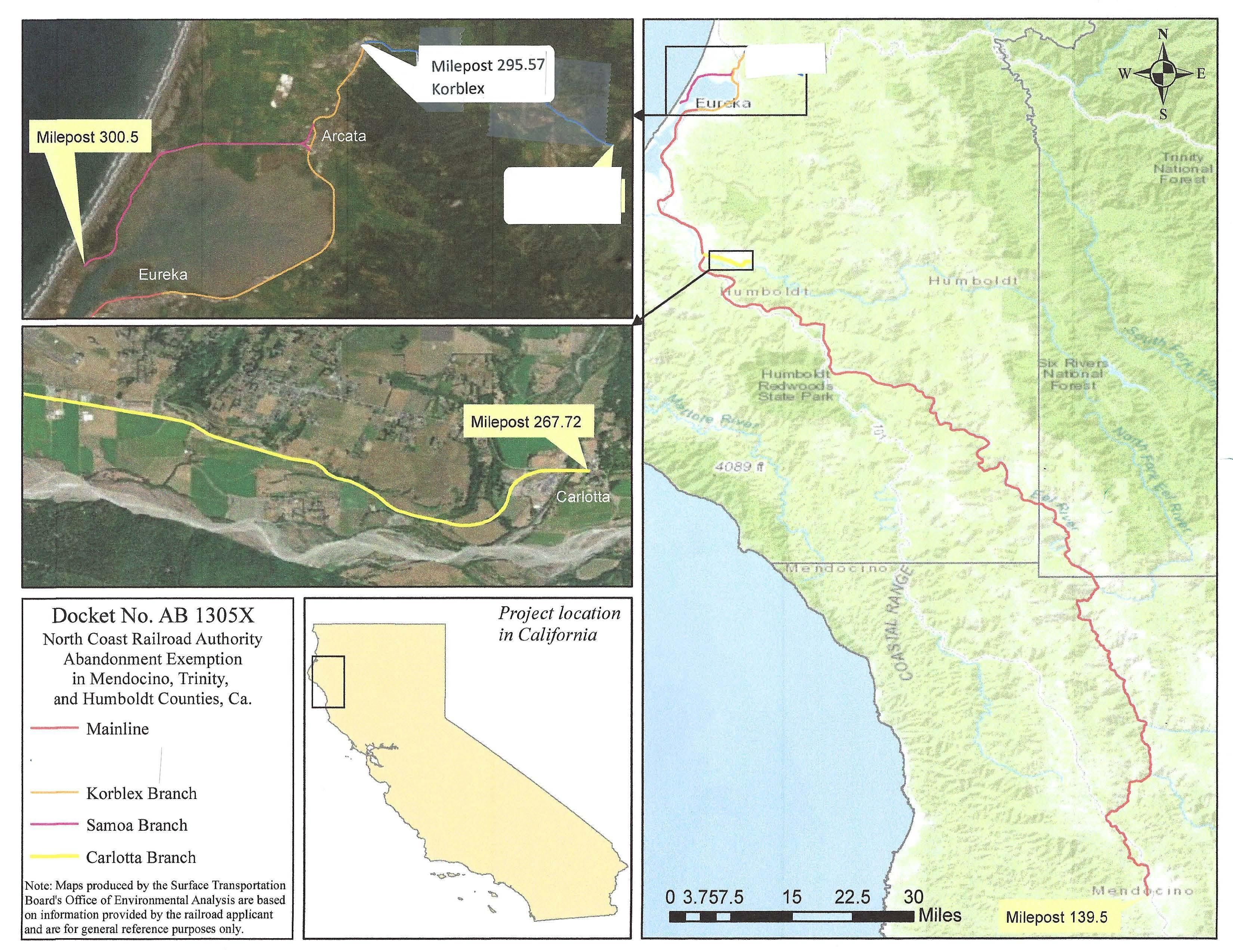 Map of railroad abandonment in Mendocino, Trinity and Humboldt Counties, CA