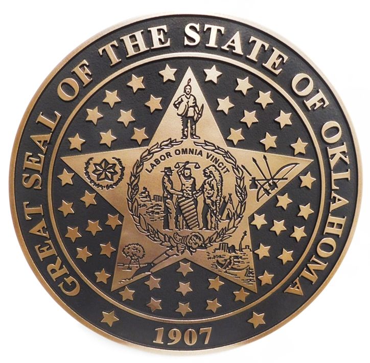BP-1456 - Carved 2.5-D HDU Plaque of the Great Seal of the State of Oklahoma, Bronze-Plated