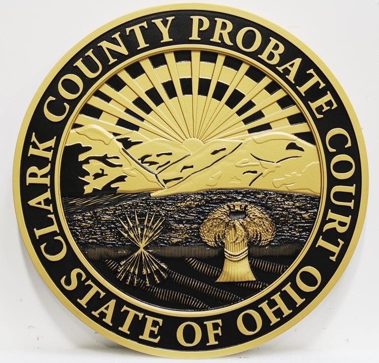 HP-1081 - Carved 3-D HDU Plaque of the Seal of the Clark County Probate Court, State of Ohio