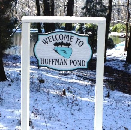M4822 -  Two  2 "x 4"  Wood Side Posts and 2" x 4" Top Horizontal Wood Board   Support the  Hanging  Sign, "Welcome to Huffman Pond" 