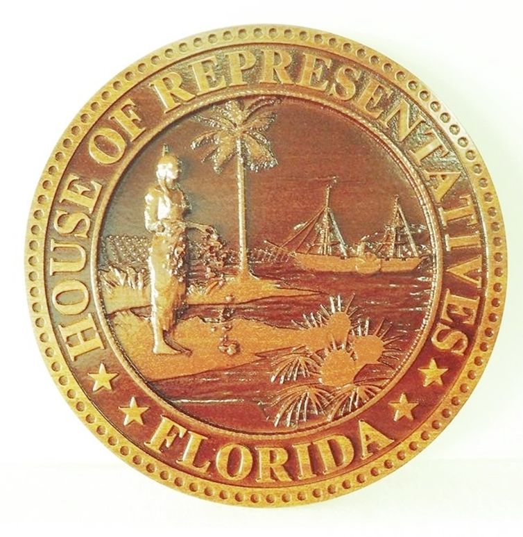 W32125- Carved Mahogany Plaque of the Seal of the Florida House of Representatives (featuring old style Florida seal) 