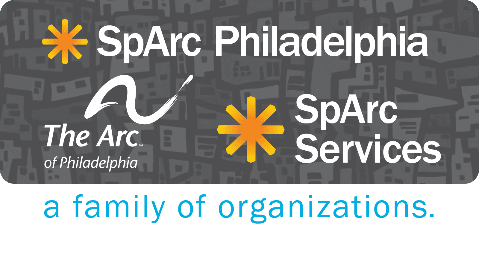 Three organization logos in white on a gray rectangle with text reading a family of organizations
