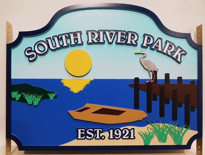 M22514 - Carved  "South River Park" Sign with a Boat , a Dock, a Crane, and the Setting Sun as Artwork
