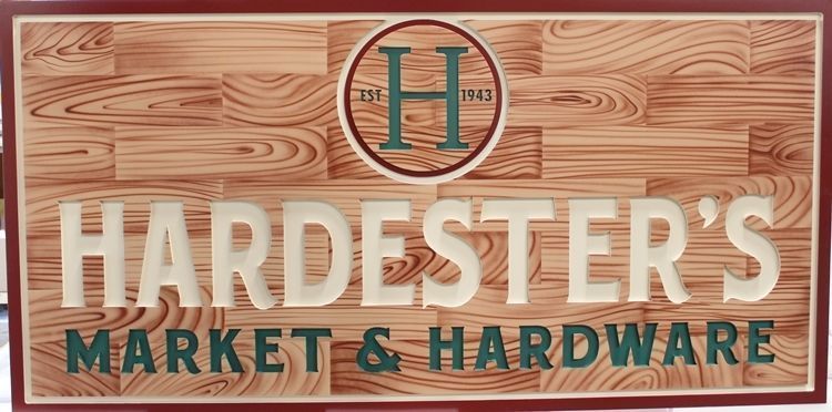 M1877 - Engraved Faux Wood Grain Sign for Hardester's Market and Hardware, with Multiple Plank Patterns 