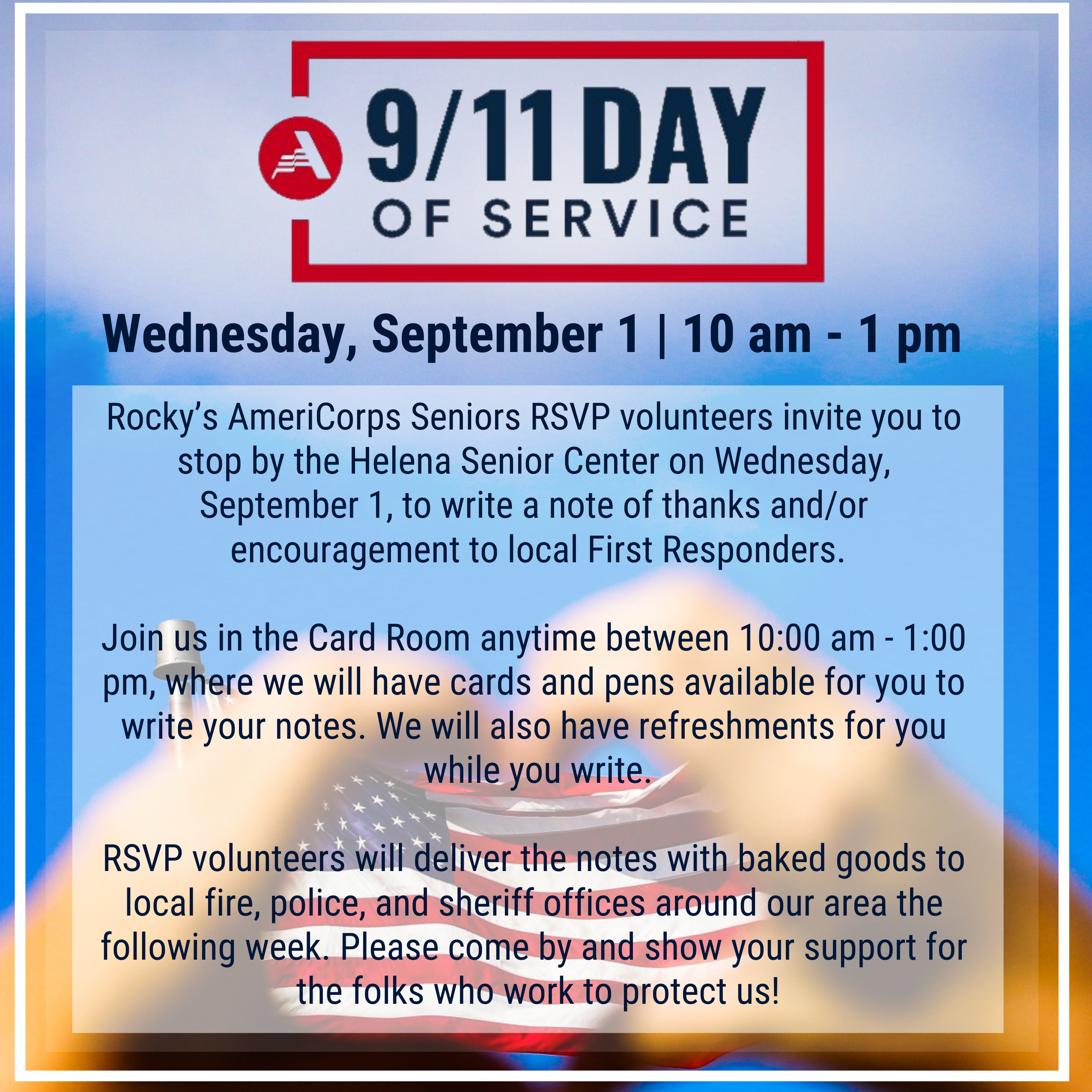 Rocky's RSVP Special Projects volunteers are inviting you to stop by the Helena Senior Center on Wednesday, September 1, to write a note of thanks and/or encouragement to local First Responders.