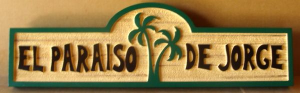 L21148 – Carved 2.5-D HDU Spanish Beach House Sign, “El Paraiso de Jorge” with a Two  Palm Trees 