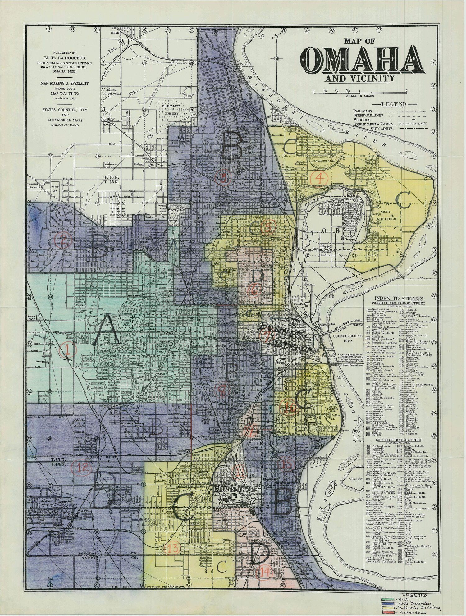 A map of Omaha from the 1940s shows red, green, blue, and yellow tones overlaid on the map.