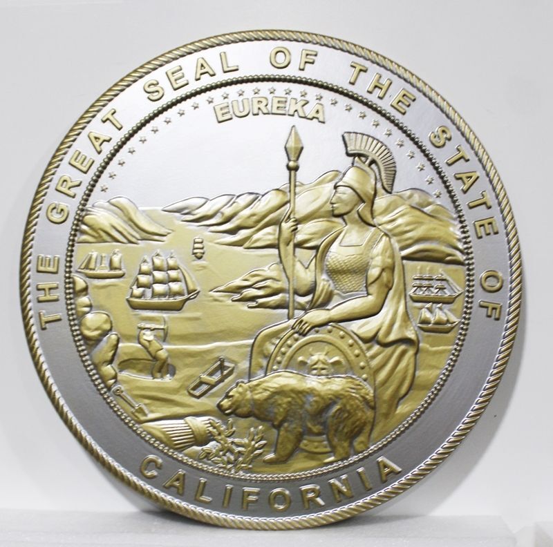 BP-1052 - Carved 3D HDU Plaque of the Seal of the State of California, Metallic Brass PaInted with Hand-Rubbed Metallic Brass Paint