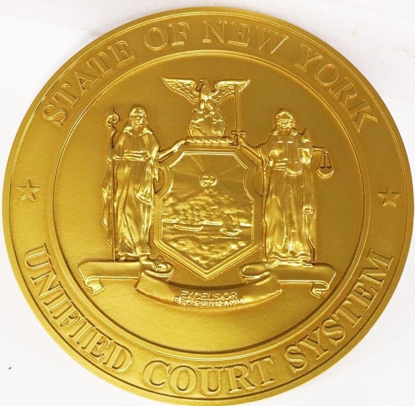 GP-1222- Carved 3-D Bas-Relief Seal of  the Unified Court System of the State of New York, Painted Bright Orange-Gold