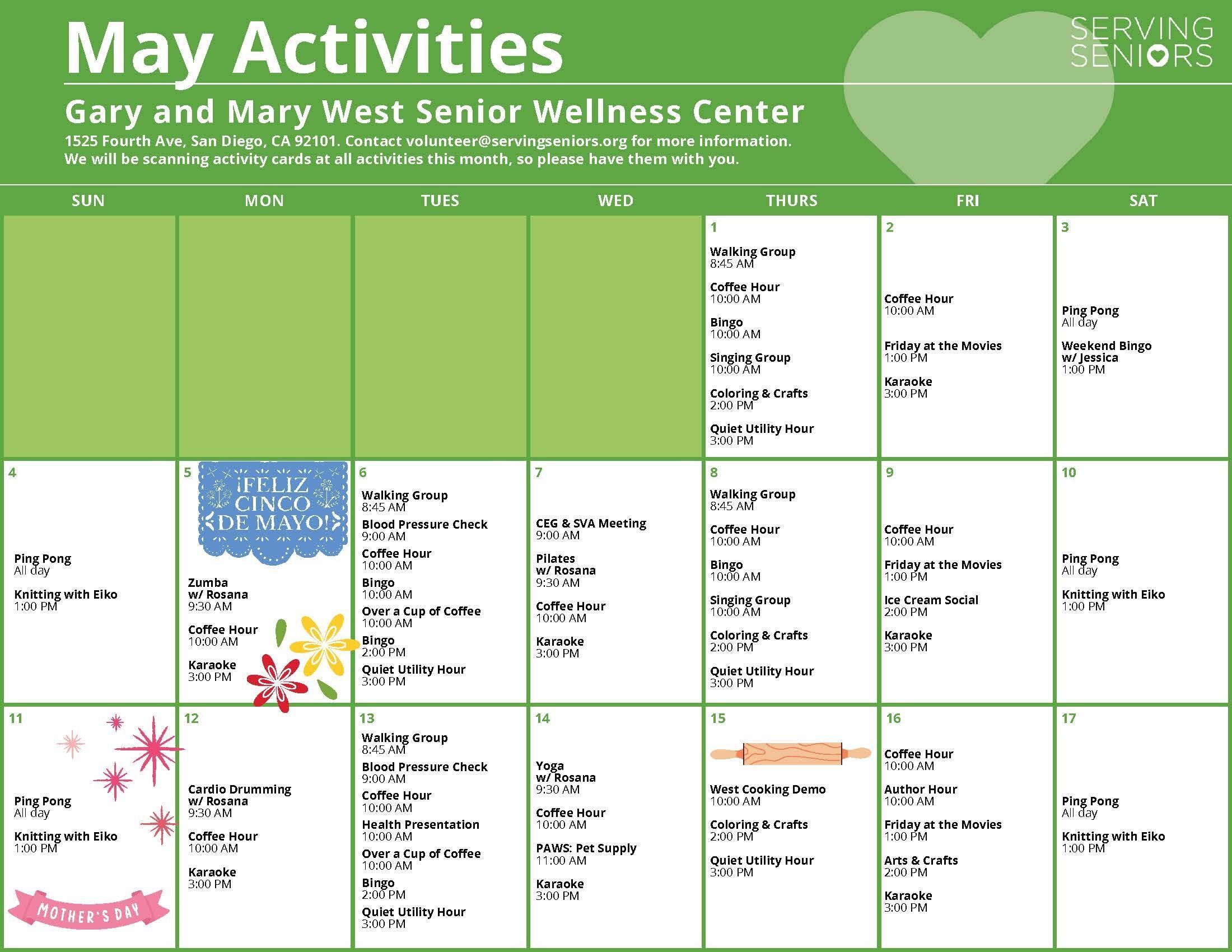 Click to download the Gary and Mary West Senior Wellness Center May Activities Calendar