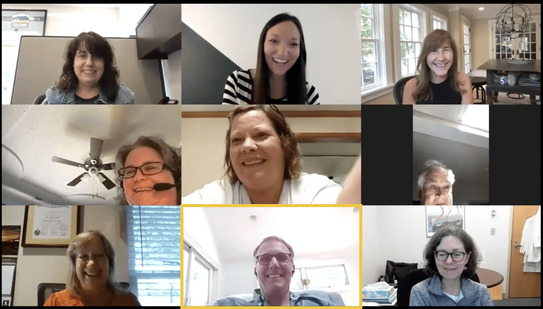 A screenshot of a Zoom meeting shows Mark Dunning, Foresight Award recipient, in the bottom center of the grid. Eight other people are shown smiling and laughing, from left to right: Lane McKittrick, Krista Vasi, Nancy Corderman, Kathy Thompson, Danay Tre