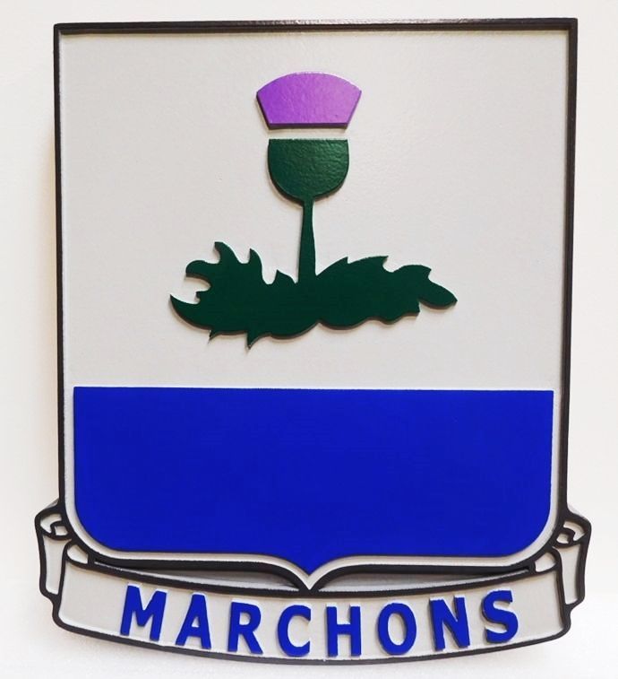 MP-2078 - Carved Plaque of the Crest of the US Army 338th Regiment Advanced Individual Training Unit with Motto "Marchons" (March On), Artist-Painted