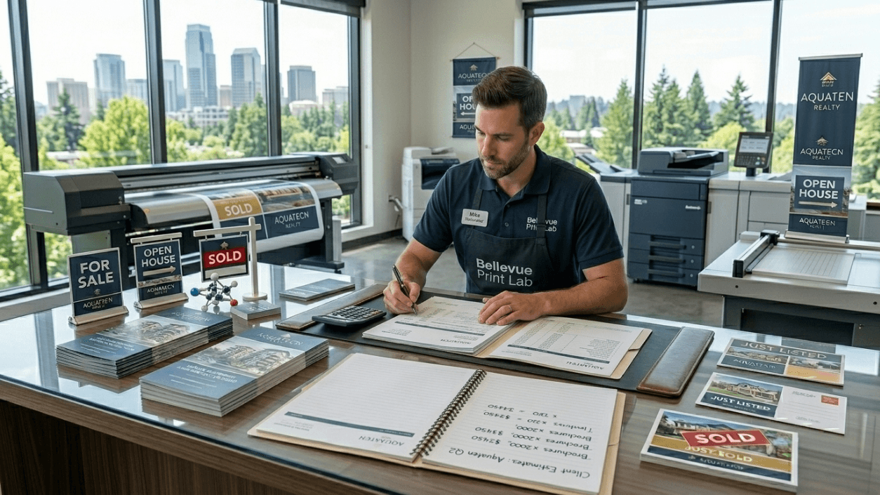 Printing costs in Bellevue WA showing business owner reviewing printing prices for brochures business cards flyers and marketing materials