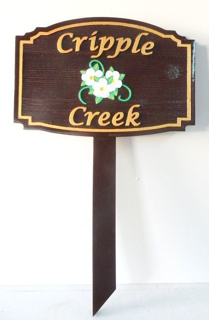 M4702 - Single 4 " x 4" Cedar Wood Post Supporting a HDU property Name Sign, "Cripple Creek".