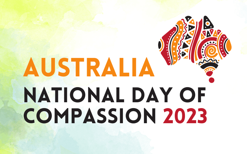 Australia National Day of Compassion 2023, a graphic of Australia with indigenous characters on the top corner