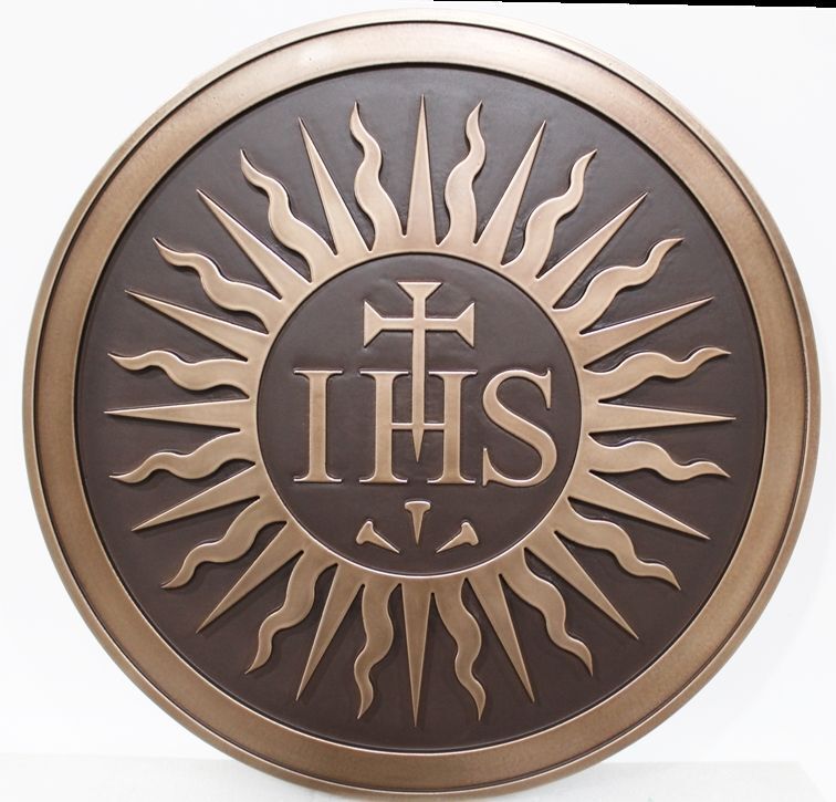 TP-1272  - Carved 2.5-D Raised Relief Bronze-Plated HDU Plaque of the  Seal of IHS ("Jesus"), Used for Catholic Schools