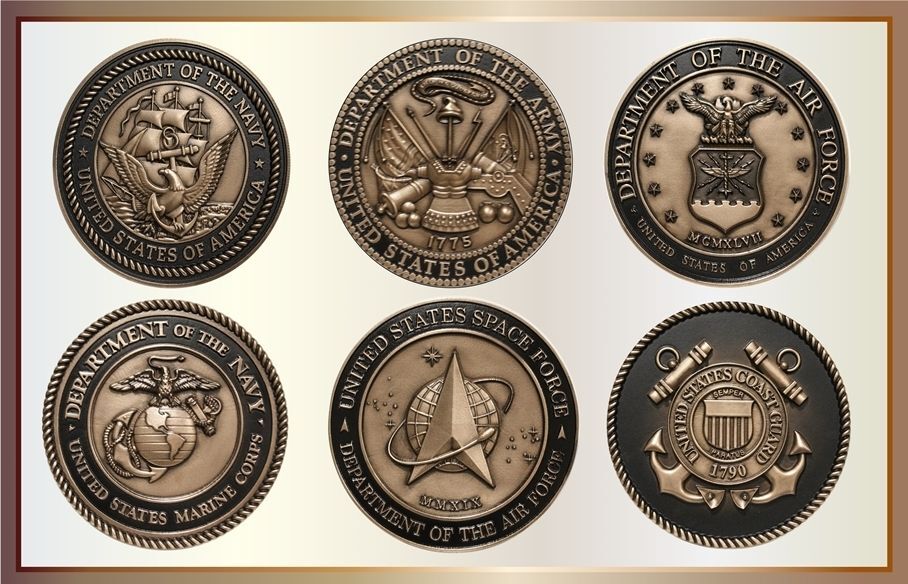 AP-2260 Plaque with Seals of the Five Armed Forces,Black & White Versions on Stained Oak
