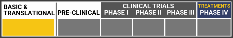 Research Continuum Graphic: Research in Basic/Translational stage. Highlighted in yellow: Basic/Translational. All other subsequent sections shown in grey: Pre-Clinical, Clinical Trials Phase I, Phase II, and Phase III, and Treatments-Phase IV. 